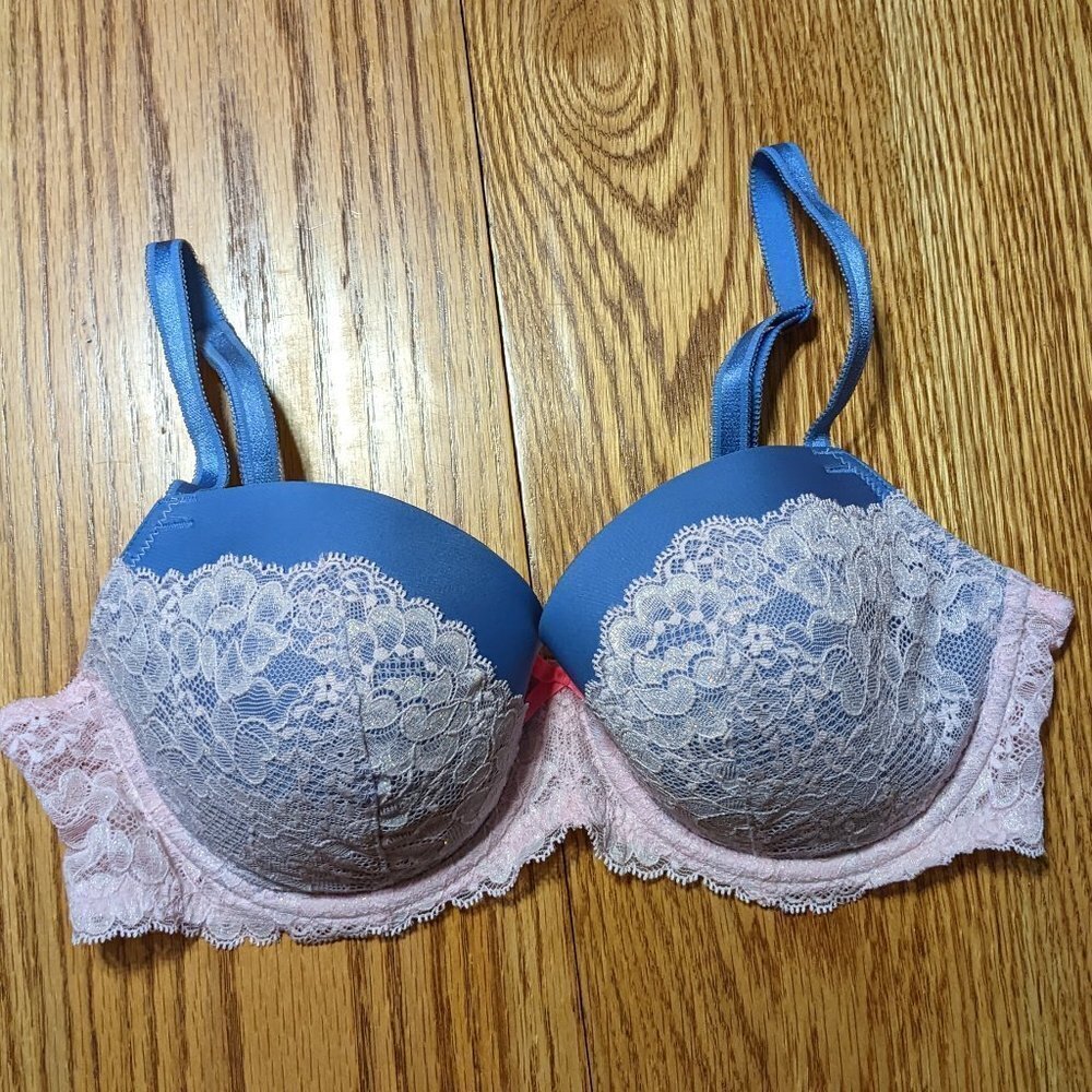 🧡 Victoria's Secret Dream Angels Lined Demi Blue with Pink Lace Overlay Bra
